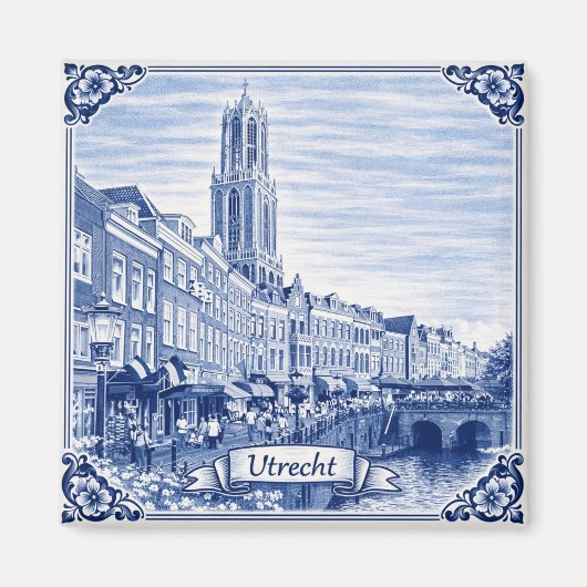 Utrecht canal houses Delft Blue style magnet (Voorkant)