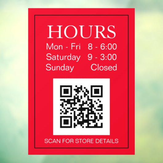 Uur Open Teken, QR-code, Witte Tekst op Rood  Raamsticker (Vel 3)
