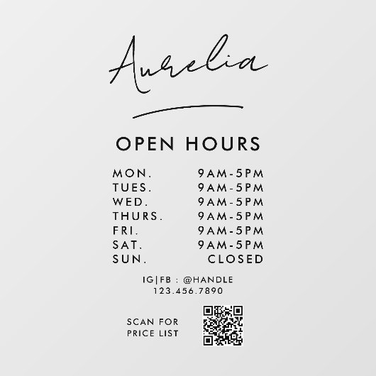 Uur Opening Bedrijfs Handtekening Logo QR Code Raamsticker (Vel)