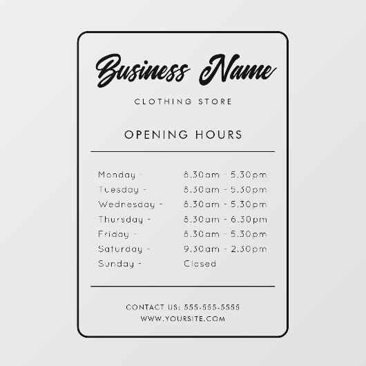 Uur van opening bordje  Raamsticker (Vel)