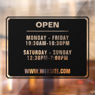 Uur van opening winkel website zwart transparant raamsticker