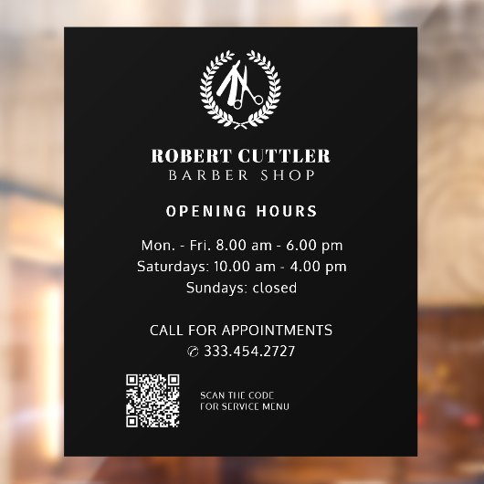 Uurregeling herenkapper eigen logo QR CODE Raamsticker (Vel 2)