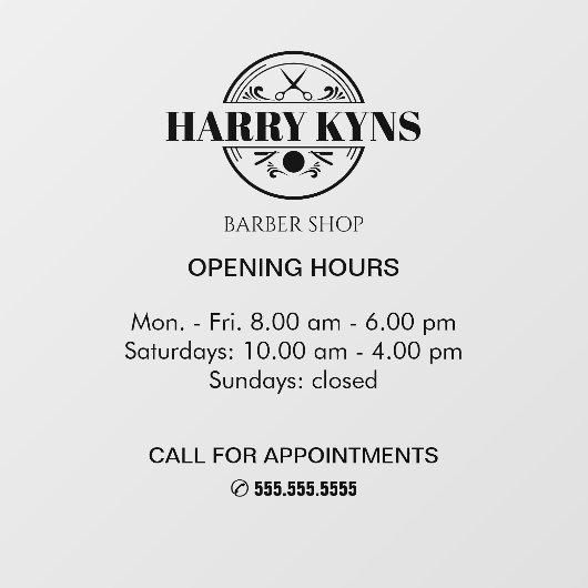 Uurregeling voor het openen van een herenkapper raamsticker (Vel)