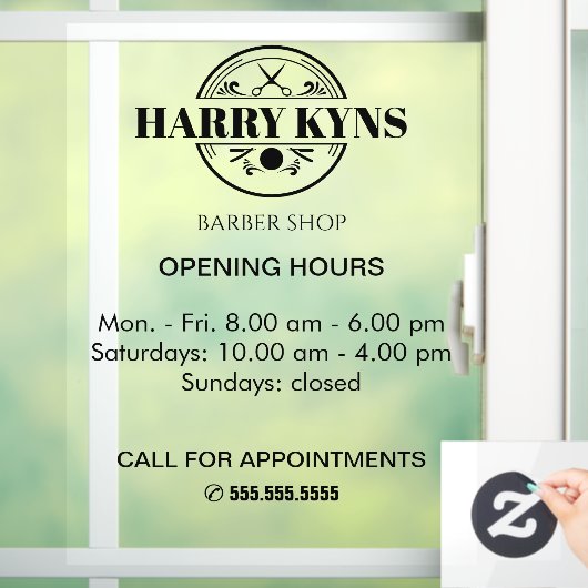 Uurregeling voor het openen van een herenkapper raamsticker (Huis)