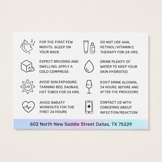 UV Gloss Holographic Dermal Filler Aftercare Kaart (Achterkant)