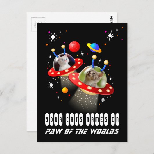 Uw 2 katten in een Alien Spaceship UFO Sci Fi Scen Briefkaart (Voorkant / Achterkant)