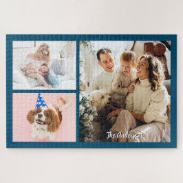 Uw 3 familiefoto's en scriptnaam op oceaanblauw legpuzzel