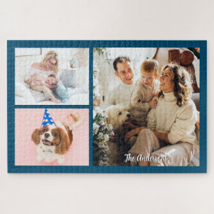 Uw 3 familiefoto's en scriptnaam op oceaanblauw legpuzzel