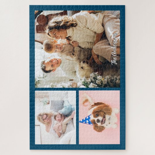 Uw 3 familiefoto's en scriptnaam op Ocean Blue Legpuzzel (Verticaal)