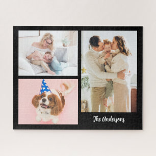 Uw 3 familiefoto's & naam op zwart legpuzzel