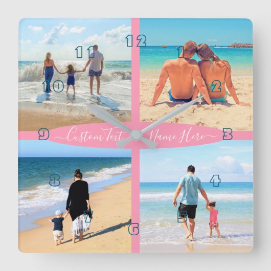Uw 4 Foto Collage Family Love Persoonlijke tekst Vierkante Klok (Voorkant)