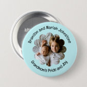 Uw aangepaste foto in bloem met twee regels tekst ronde button 7,6 cm (Voorkant /achterkant)