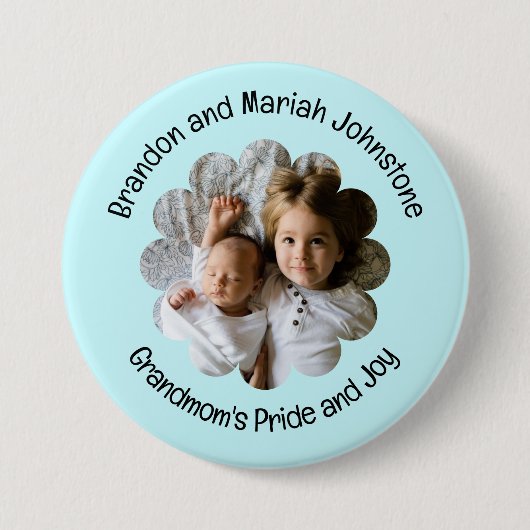 Uw aangepaste foto in bloem met twee regels tekst ronde button 7,6 cm (Voorkant)