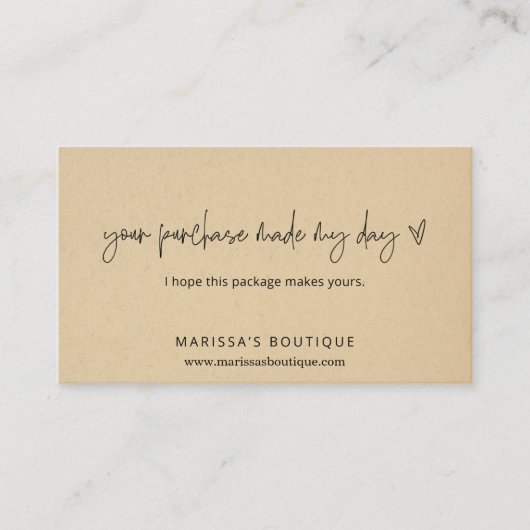 Uw aankoop maakte mijn dag dank u pakket invoegen visitekaartje (Voorkant)