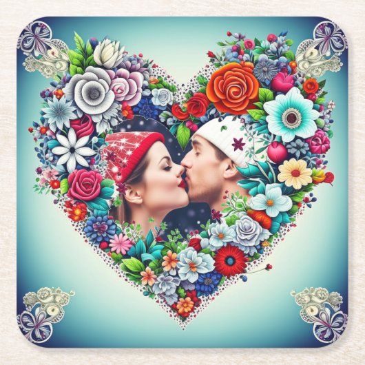 Uw Afbeelding toevoegen | Floral Heart Lijst Kartonnen Onderzetters (Voorkant)