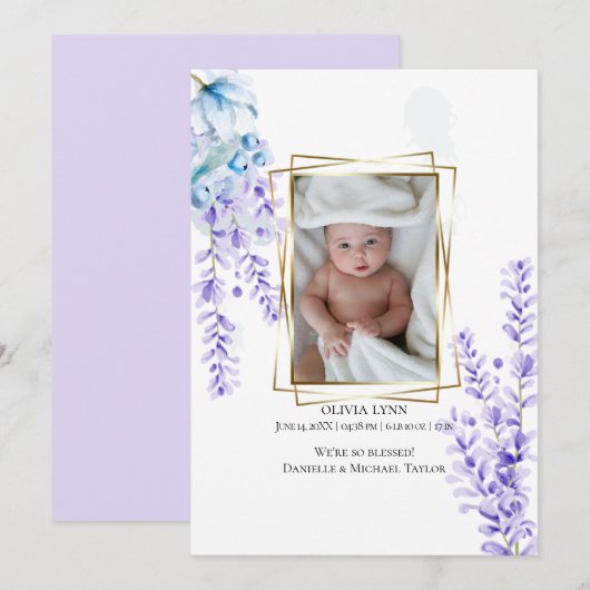 Uw Baby foto Waterverf Lavender - Dusty Blue Kaart (Voorkant / Achterkant)