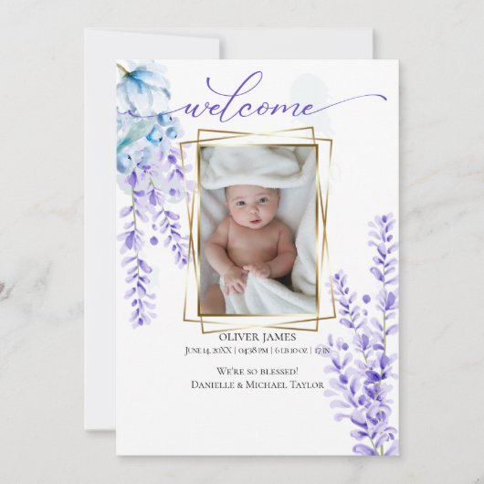 Uw Baby foto Waterverf Lavender - Dusty Blue Kaart (Voorkant)