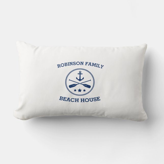 Uw Beach House Familienaam Anchor Oars Stars Kussen (Voorkant)