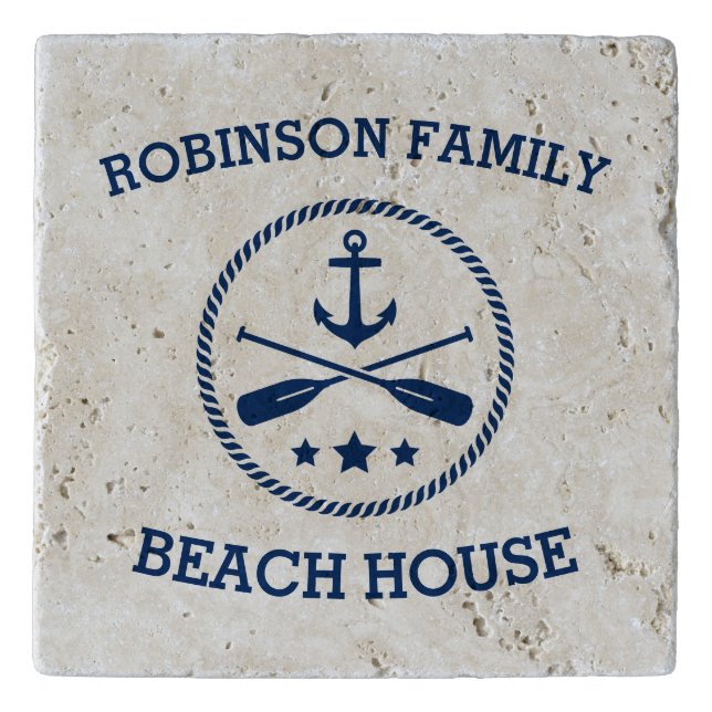 Uw Beach House Familienaam Anchor Oars Stars Trivet (Voorkant)
