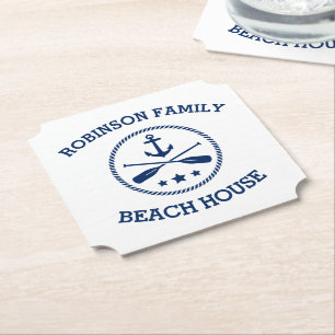Uw Beach House Familienaam Anchor Stars Paddles Kartonnen Onderzetters