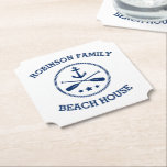 Uw Beach House familienaam Anker Sterren peddels Kartonnen Onderzetters<br><div class="desc">Stijlvolle papieren drankenonderzetters met uw gepersonaliseerde familienaam of andere tekst,  een op maat gemaakt nautisch bootanker met gekruiste riemen en sterren in marineblauw op wit of kies achtergrondkleuren die bij uw decor passen.</div>