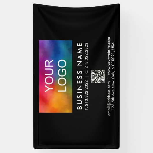 Uw bedrijf Logo QR Code Modern Elegant Zwart Spandoek (Verticaal)