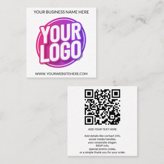 Uw bedrijfslogo en QR-code & tekst Vierkante Visitekaartje (Voorkant / Achterkant)