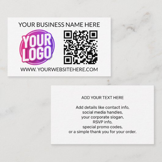 Uw bedrijfslogo, QR-code en tekst van het bedrijfs Visitekaartje (Voorkant / Achterkant)