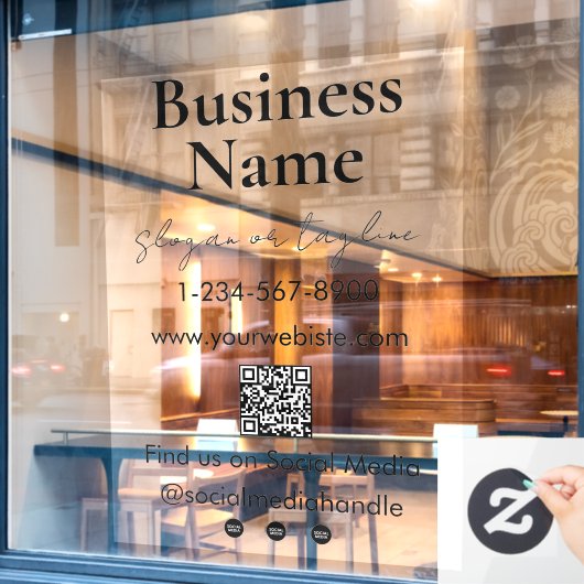 Uw bedrijfsnaam winkelpui QR-code social media Raamsticker (Cafe Raam)