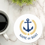 Uw Boat Naam Anchor Gold Laurel Star White Ronde Kartonnen Onderzetter<br><div class="desc">Een nautische,  gepersonaliseerde set ronde papieren onderzetters met uw bootnaam,  familienaam of andere gewenste tekst. Met een aangepast  bootanker,  gouden laurelbladeren en sterembleem op wit of past u de primaire kleur eenvoudig aan op uw huidige thema.</div>