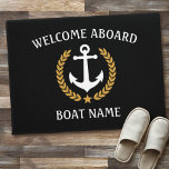 Uw Boat Naam Anchor Laurel Welkom Aboard Black Deurmat<br><div class="desc">Pas uw huis aan met een welkomstbordmodel en uw bootnaam,  familienaam of andere gewenste tekst. Met een aangepast nautisch bootanker met een gouden laurierblad en een sterembleem op zwart of pas de primaire kleur eenvoudig aan op uw huidige decor.</div>