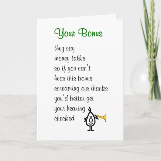 Uw bonus - een grappig gedicht over uw bonus bedankkaart (Voorkant)