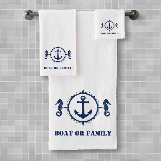 Uw boot of familienaam Seahorse Anchor White Bad Handdoek