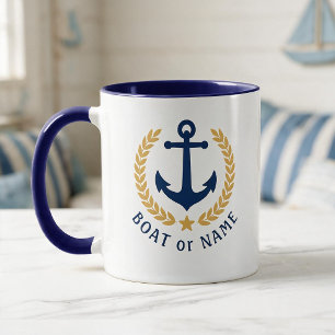 Uw boot of naam Anker Goud Stijl Laurierblauw Mok