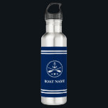 Uw bootnaam Anchor & Oars White Stripes Waterfles<br><div class="desc">Uw gepersonaliseerde naam,  bootnaam of tekst met een nautisch anker,  gekruiste roeiriemen - peddels op een marineblauwe strepen met waterfles.</div>