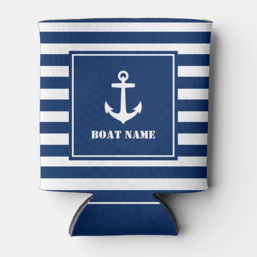 Uw bootnaam anker blauw gestreept blikjeskoeler (Voorkant)
