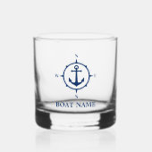 Uw Bootnaam Anker Nautical Compass Navy Blue Whisky Glas (Voorkant)