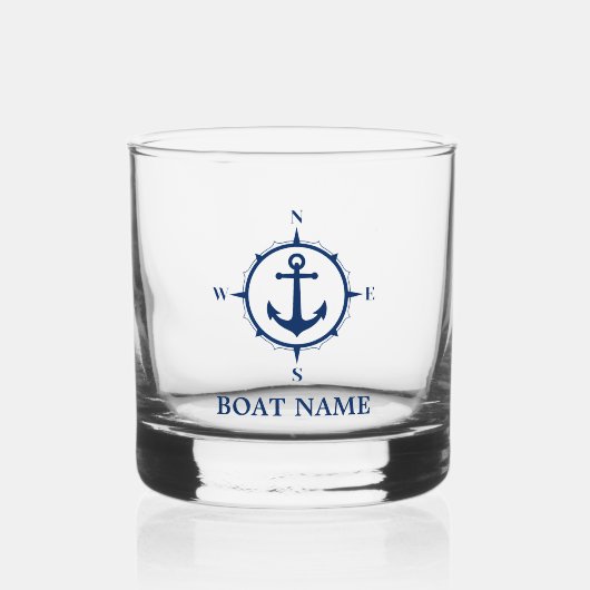 Uw Bootnaam Anker Nautical Compass Navy Blue Whisky Glas (Voorkant)
