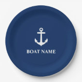 Uw Bootnaam Anker Navy Blue 9" Papieren Bordje (Voorkant)
