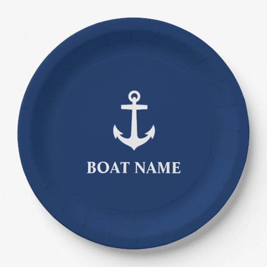Uw Bootnaam Anker Navy Blue 9" Papieren Bordje (Voorkant)