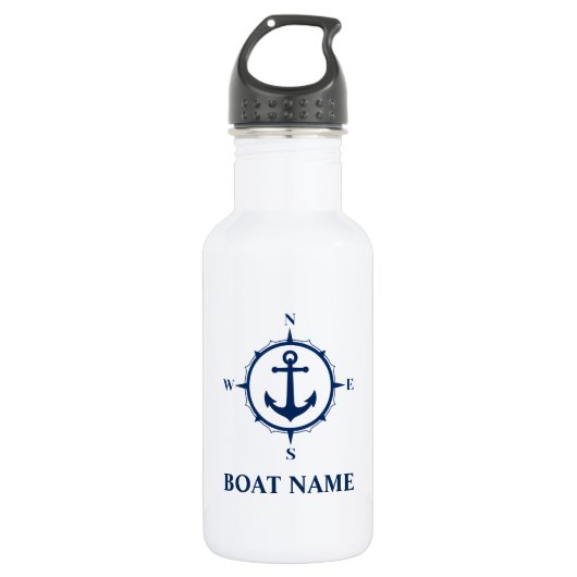 Uw Bootnaam Blauw Kompas Anker Wit Waterfles (Voorkant)