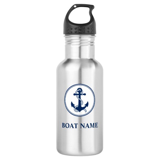 Uw Bootnaam Blauw Touw & Anker Waterfles (Voorkant)