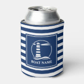 Uw bootnaam Classic Lighthouse Navy Striped Blikjeskoeler (Blikje Voorkant)