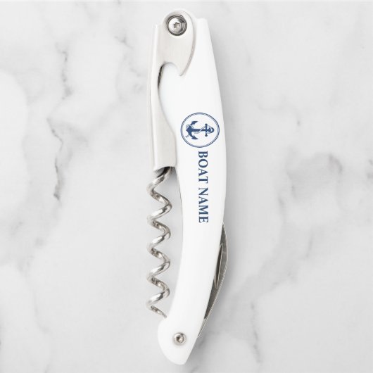 Uw Bootnaam Klassieke Touw & Anker op Wit Kurkentrekker (Voorkant)