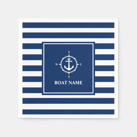 Uw bootnaam kompas anker blauwe strepen servet (Voorkant)