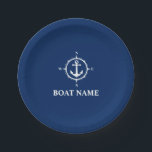 Uw Bootnaam Kompas Anker Navy Blue 7" Papieren Bordje<br><div class="desc">Uw Bootnaam Navy Blauw en Wit Kompas Anker Papier Bord</div>