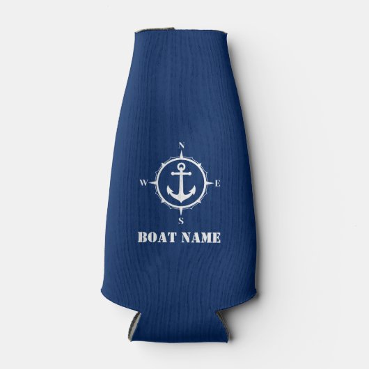 Uw Bootnaam Kompas Anker Navy Blue Flesjeskoeler (Voorkant)