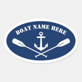 Uw Bootnaam Nautical Anchor & Oars Navy Blue Ovale Sticker
