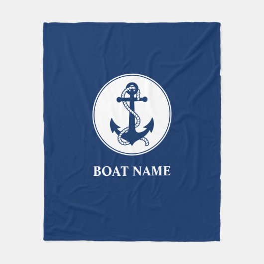 Uw bootnaam Nautical Anchor Rope Navy Blue Fleece Deken (Voorkant)