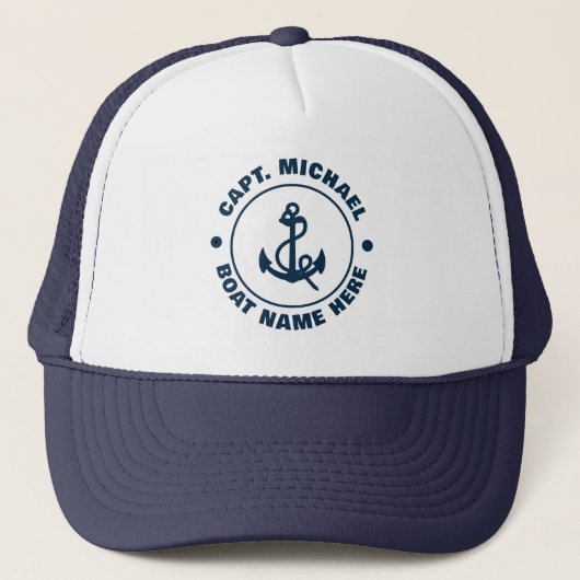 Uw Bootnaam Nautical Blue White Anker Captain Trucker Pet (Voorkant)